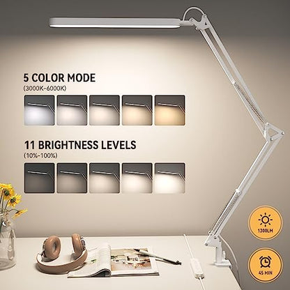 SKYLEO Led Desk Lamp - 31.5" Desk Light - 5 Color Modes X 11 Brightness Levels - Adjustable Swing Arm - Timmer & Memory Function - 12W Study Lamp - White - style: White swing arm