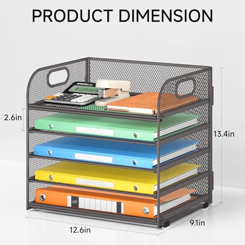Lavatino 5 Tray Desk File Organizer, Mesh Paper Sorter Letter Tray Organizer with Handle, Desktop File Organizer and Storage for Letter/A4 Office File Folder- Grey - color: 5 Tier - Grey, size: 12.6" x 9.1" x 11.5"