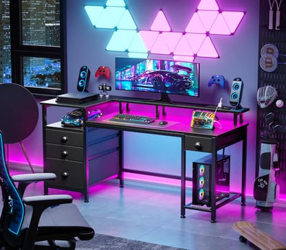 Furologee 60" Gaming Desk with 4 Drawers & LED Lights, Power Outlet, Black - color: Black, size: 60 Inch