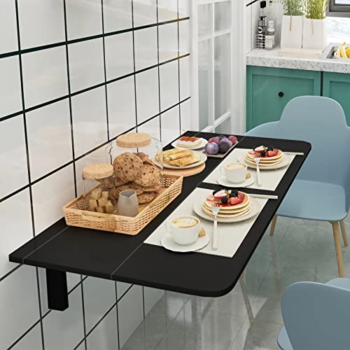 COSTWAY Wall Mounted Folding Table, 31.5" x 23.5" Drop-Leaf Floating Writing Desk for Small Spaces, Space-Saving Fold Down Laptop Workstation for Kitchen, Bedroom, Laundry Room, Study Room (Black) - color: Black