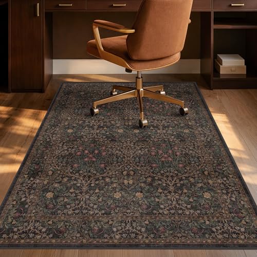 Taupe Brown Office Chair Mat for Hard Wood & Tile Floors, 48x60 Non-Slip Low Pile Under Desk Rug, Washable Floor Protector for Heavy Duty Office Chair, Vintage Traditional Dark Neutral Floral Décor - color: Forest - Dark Brown, size: 4' x 5'