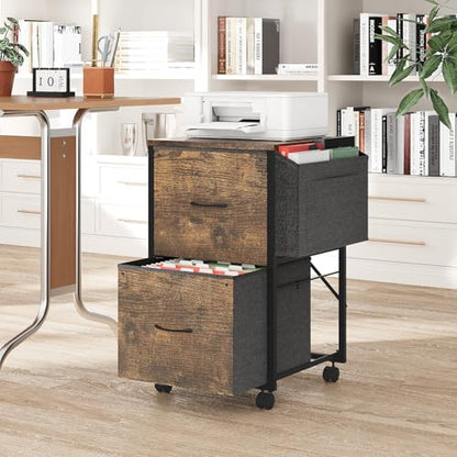 VINGLI 2 Drawer File Cabinet with Side Bag, Rolling Mobile Under Desk with Wheels, Fabric Drawers Printer Stand for Home Office, Fits Letter Size, Rustic Brown - color: Rustic Brown, size: Small 2 Drawers