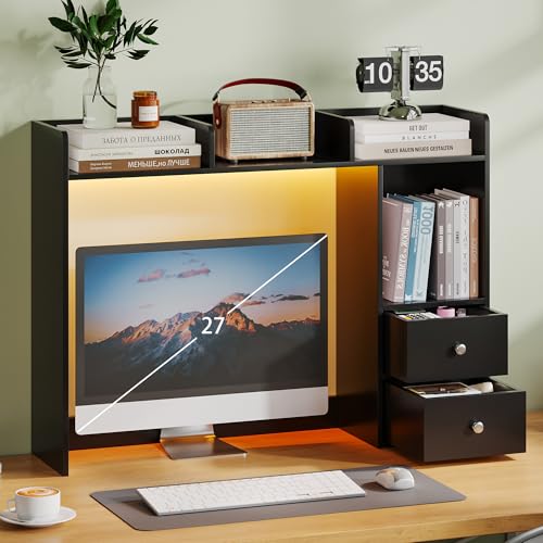 ChooChoo Desktop Bookshelf with LED Lights and 4 Shelves | 36.6", 2 Drawers, Fits 27" Monitor, Desk Organizer Shelf, Dorm Office Home, Black - color: Black, size: 4 Shelves with Led
