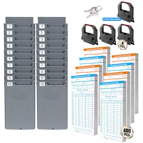 Time Clock Bundle with 400 Time Cards, 4 Ink Ribbons, 2 Ten-Slot Time Card Racks, & 2 Security Keys, Auto-Align Time Clocks for Employees Small Business - style: 400-Card Time Clock Bundle with Keys