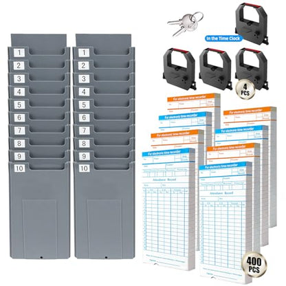 Time Clock Bundle with 400 Time Cards, 4 Ink Ribbons, 2 Ten-Slot Time Card Racks, & 2 Security Keys, Auto-Align Time Clocks for Employees Small Business - style: 400-Card Time Clock Bundle with Keys