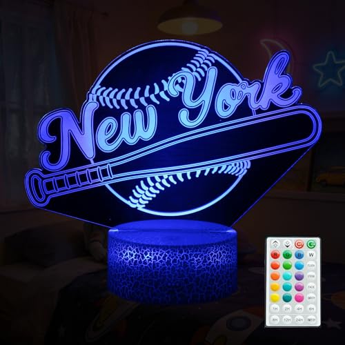 3D LED Night Light Baseball Design for New York, 16 Colors Changing Table Lamp with Remote & Touch Control, Dimmable USB Bedroom Night Lamp, Kids Room Decor & Holiday Gift