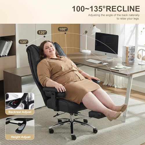 EXCEBET Big and Tall Office Chair 400lbs Wide Seat, Leather High Back Executive Office Chair with Foot Rest, Ergonomic Chairs Lumbar Support for Lower Back Pain Relief (Black) - color: Black