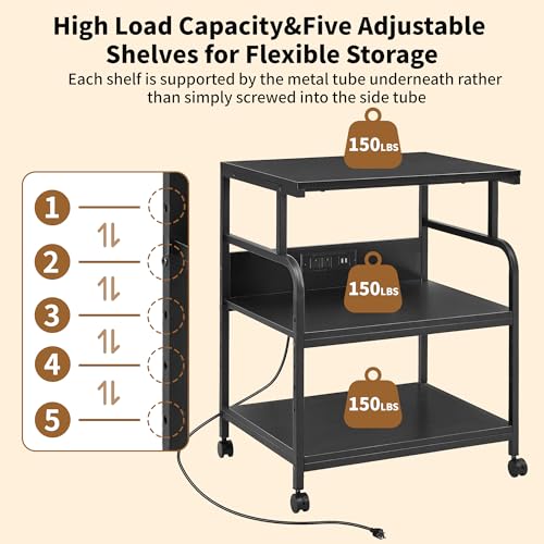 VECELO Large Printer Stand with Power Outlet, 3-Tier Rolling Cart with Adjustable Shelf & Lockable Wheels, Heavy Duty Utility Table for Home Office, 18.9"x23.6"x30.2", Black