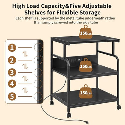 VECELO Large Printer Stand with Power Outlet, 3-Tier Rolling Cart with Adjustable Shelf & Lockable Wheels, Heavy Duty Utility Table for Home Office, 18.9"x23.6"x30.2", Black