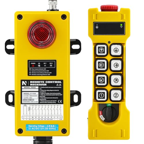 NEWTRY Wireless Crane Remote 12V 8 Button Industrial Crane Controller | 328FT Valid Distance, LED Status Indicators, IP65 Protection, Yellow, Emergency Stop Button, Glass Fiber Nylon Housing