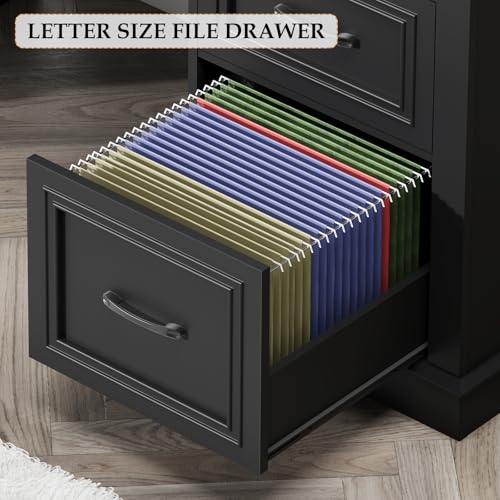 Vabches Farmhouse 47" Workstation Computer Desk with Drawers, Pure Black | Executive Desk with File Drawer and Charging Station for Home Office,Study. - color: Pure Black