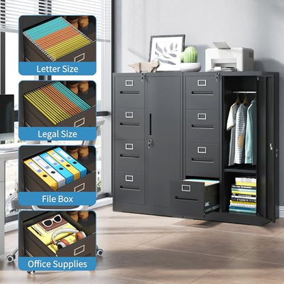 4 Drawer File Cabinet with Lock & 1 Door, Metal Storage Unit with Shelves and Hanging Rod, Vertical Filing Cabinet for Home Office, Fits Letter/Legal/A4/F4, Easy Assembly (Black) - color: Black