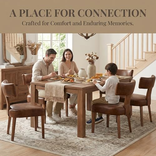 HNY Mid Century Modern Dining Chairs Set of 2, Farmhouse PU Leather Upholstered Accent Chair Curved Backrest Kitchen Chairs, with Hardwood Frame, Brown - color: Brown Curved
