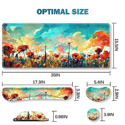 ARTSO Gaming Mouse Pad Wrist Support Set, XXL Large Desk Mat Mousepad + Keyboard Wrist Support+ Mouse Wrist Rest+Coaster 4in1 Ergonomic, Stitched Edge for Home Office -Oil Painting Flowers Plants - color: Oil Painting Flowers Plants