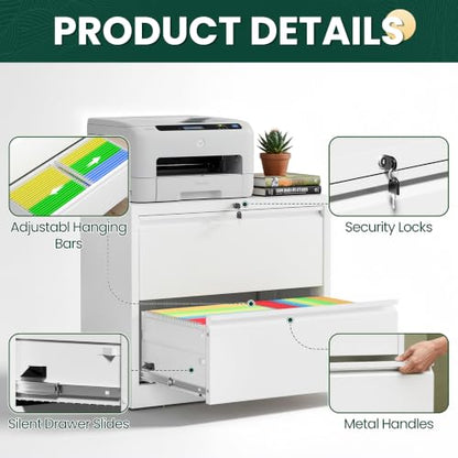 2 Drawer Lateral File Cabinet, Metal Filing Cabinet for Home Office, White | Heavy-Duty Steel Locking File Cabinet, Hanging Letter/Legal/A4 Size, Full-Extension Drawer, Assembly Required - color: White, size: 2 Drawers (35.43 in Width)