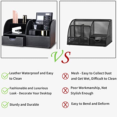 KINGFOM Pu Leather Desk Organizer Pen Pencil Holder Office Supplies Caddy Storage Box 6 Compartments with Drawer Black (Full Pu Leather) - color: FULL PU-Black