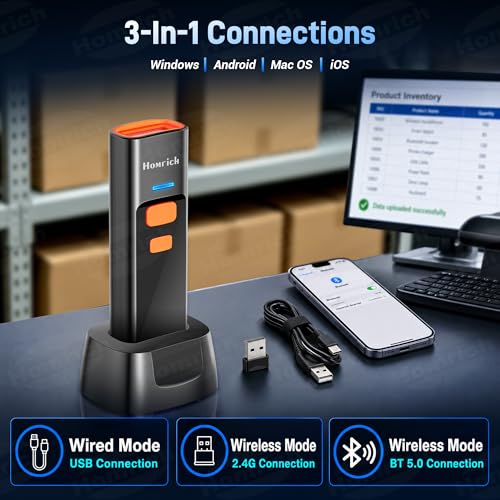 3-in-1 Bluetooth & 2.4G & USB Wire Mini Barcode Scanner with Charging Dock