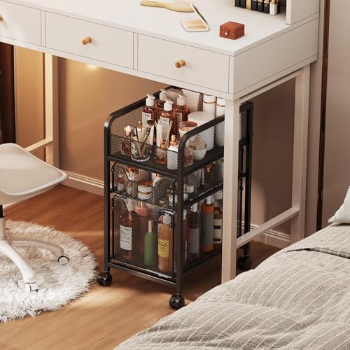 Hongtamoya Rolling Makeup Cart Organizer with 2 Drawers, Narrow Floor Skincare Organizers, Vanity Organizer Cosmetics Display Cases Holder for Skin Care Nail Polish Perfume Makeup Brush, Black - color: Black, size: Narrow+1S+1L Drawers