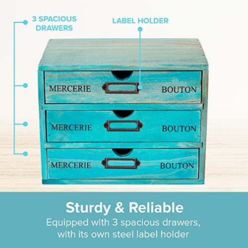 Turquoise 3-Tier Drawer Unit - European Country Style Desk Organizer Box - 9.7x7x7.5" Wooden Teal Stackable Drawers - Countertop Organizer Drawers w/Label Holder - Triple File Drawer Unit - style: 3 Drawer I 7.5"