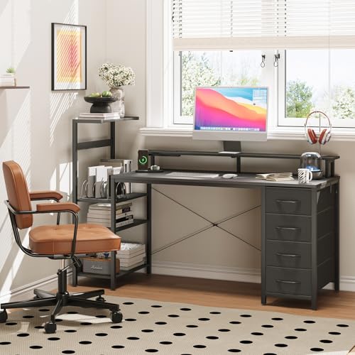 59in Gaming Computer Desk with Drawers & Power Outlet & LED Lights, Black - color: Black, size: 59''