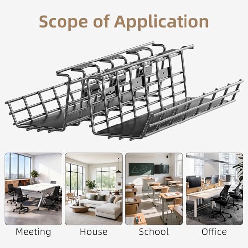 2 Pack DELAMU Under Desk Cable Management Tray, Large Metal Cord Organizer, Office & Home Cord Wire Management Under Desk Shelf, Easy Install Pre-drilled Cable Organizer, Black