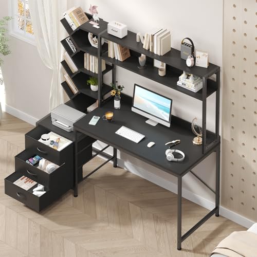 YOMILUVE 52" Computer Desk with Bookshelf, 3 Drawers ＆ Hutch for Bedroom | Black Office Desk with Printer Shelf, Study Writing Desk with Storage Shelves - color: Black