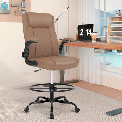 Misolant Drafting Chair, Tall Office Chair for Standing Desk, Standing Chair with Adjustable Height and Flip-up Armrest, Leather Drafting Chair, High Office Chair for Counter Height Desk - color: Brown