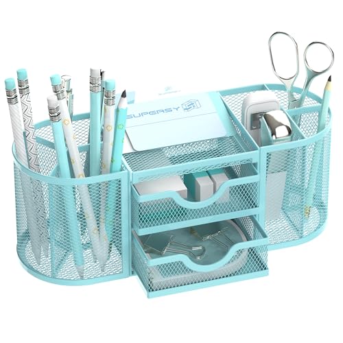 Mesh Desk Organizer, Desk Organizers and Accessories, Pen Holder with Drawers, Pencil Holder for Desk with 2 Drawer for Office Supplies, Blue - color: Baby Blue
