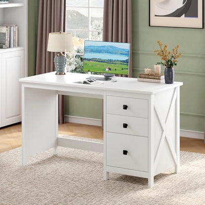 JSB 47.2 Inch White Computer Desk with 3 Drawers for Home Office Bedroom - color: White, size: 47.2in