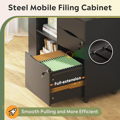 DEVAISE File Cabinet with Lock, 3 Drawer Rolling Mobile Lateral Filing Cabinets with Charging Station Printer Stand with Open Storage Shelves Fits A4 or Letter Size for Home Office Black