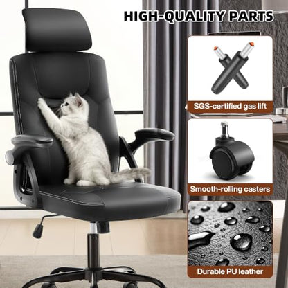 Leather Office Chair,Executive Ergonomic Desk Chair for Home Office, Black - color: Black