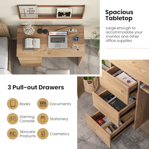 Tangkula Computer Desk with 3 Storage Drawers & Built-in Charging Station, Home Office Desk with Keyboard Tray, PC Desk Study Writing Desk, Vanity Table for Bedroom, Computer Workstation (Natural) - color: Natural