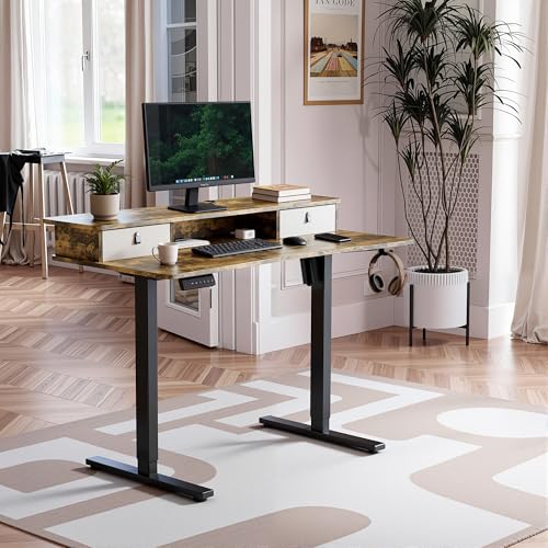 MSZ Sit & Standing Desk, Adjustable Height Electric Sit Stand Up Down Computer Table, 48x24 Inch Ergonomic Rising Modern Lift Motorized Gaming Desktop Work Home Office (Brown-Single Bookcase) - color: 5-brown-single Bookcase