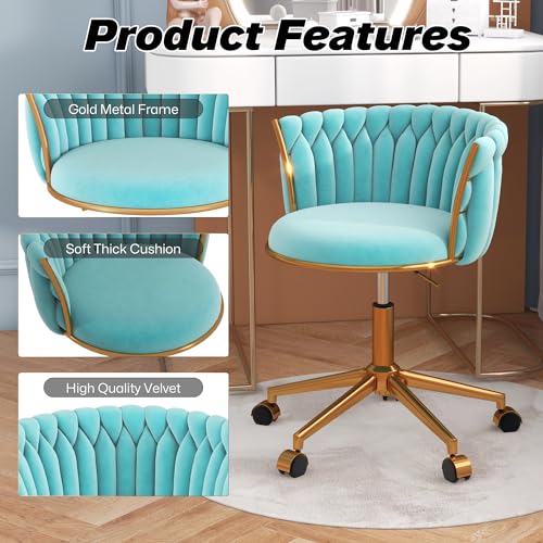 HENGJIANYI Velvet Woven Home Swivel Vanity Desk Chair with Gold Base, Cyan | Modern Height Adjustable Office Chair with Metal Base and Hand Weaving Back Wheels for Bedroom Study Small Space girl women - color: Cyan