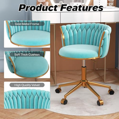 HENGJIANYI Velvet Woven Home Swivel Vanity Desk Chair with Gold Base, Cyan | Modern Height Adjustable Office Chair with Metal Base and Hand Weaving Back Wheels for Bedroom Study Small Space girl women - color: Cyan