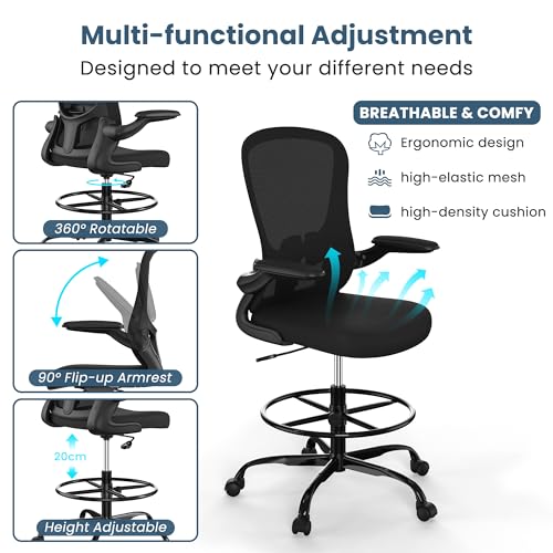 Drafting Chair, Tall Office Chair with Flip-up Armrests Executive Ergonomic Computer Standing Desk Chair, Office Drafting Chair with Lumbar Support and Adjustable Footrest Ring - color: Black