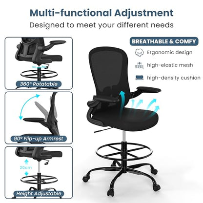 Drafting Chair, Tall Office Chair with Flip-up Armrests Executive Ergonomic Computer Standing Desk Chair, Office Drafting Chair with Lumbar Support and Adjustable Footrest Ring - color: Black