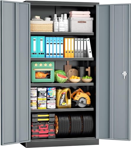 Metal Storage Cabinet,72" Locking Steel Cabinets with 2 Doors and 4 Adjustable Shelves,Tall Steel Storage for Home Office, Garage,Warehuse (Black Grey) - color: Black Grey, size: 72" High