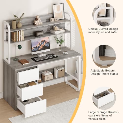 MaverickFurni 55 Inch Computer Desk with Hutch and 3 Drawers, Gray - color: Grey, size: 55"W