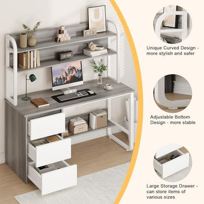MaverickFurni 55 Inch Computer Desk with Hutch and 3 Drawers, Gray - color: Grey, size: 55"W