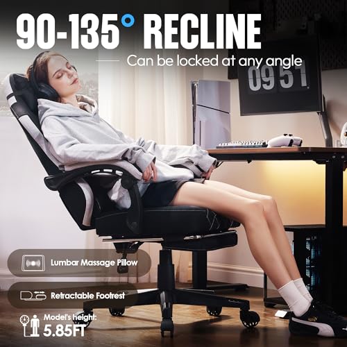 Dowinx Fabric Gaming Chair, Ergonomic Computer Chair with Footrest and Pocket Spring Cushion, Height Adjustable Video Gamer Chair with Lumbar Support for Adults, Black - color: Black