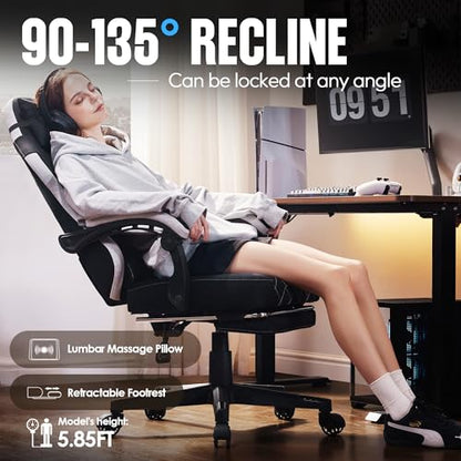Dowinx Fabric Gaming Chair, Ergonomic Computer Chair with Footrest and Pocket Spring Cushion, Height Adjustable Video Gamer Chair with Lumbar Support for Adults, Black - color: Black