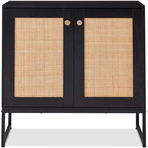 Best Choice Products 2-Door Rattan Storage Cabinet, Accent Furniture, Multifunctional Cupboard for Living Room, Hallway, Kitchen, Sideboard, Buffet Table w/Non-Scratch Foot Pads - Black - color: Rattan, Black