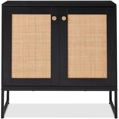 Best Choice Products 2-Door Rattan Storage Cabinet, Accent Furniture, Multifunctional Cupboard for Living Room, Hallway, Kitchen, Sideboard, Buffet Table w/Non-Scratch Foot Pads - Black - color: Rattan, Black
