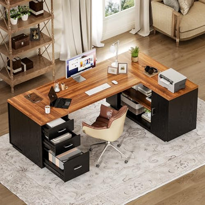 LITTLE TREE 87-Inch Modern Executive Desk with File Cabinet, Large Home Office Desk with Drawers, 3-Drawer Wooden File Cabinet, Spacious Workstation for Home Office (Brown & Black) - color: Brown and Black