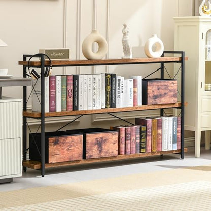 HCHQHS Bookshelf, 3-Tier Long Industrial Bookcase, Rustic Open Book Shelf, Freestanding Horizontal Bookshelves with Metal Frame - color: Rustic Brown, size: 3-Tier (56.7"W x 35.8"H)