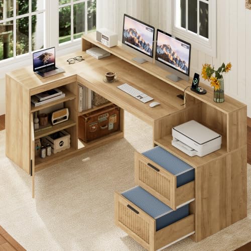 TVU Farmhouse L Shaped Desk with Drawers, 62.2" Home Office Desk with Storage Shelves and Power Outlet, L Shaped Computer Desk with Monitor Stand and Printer Shelf, Oak - color: Oak