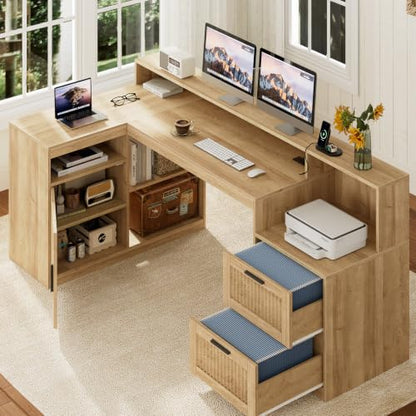 TVU Farmhouse L Shaped Desk with Drawers, 62.2" Home Office Desk with Storage Shelves and Power Outlet, L Shaped Computer Desk with Monitor Stand and Printer Shelf, Oak - color: Oak