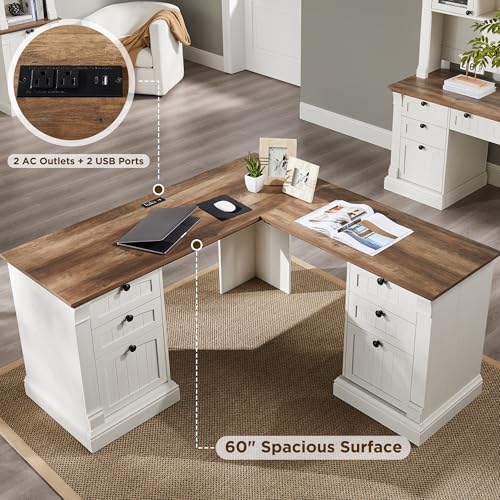 OKD 60" L Shaped Executive Desk, Farmhouse Desk with Drawers,Antique White - color: Antique White