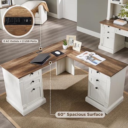 OKD 60" L Shaped Executive Desk, Farmhouse Desk with Drawers,Antique White - color: Antique White